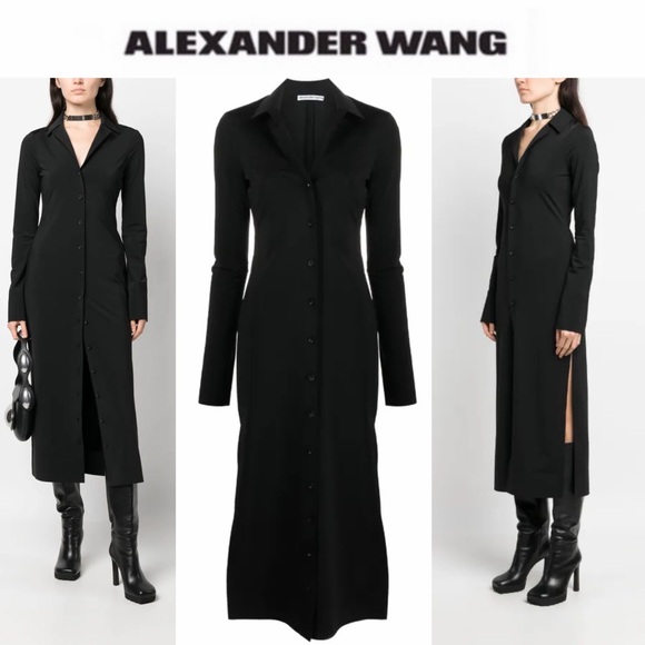 ALEXANDER WANG Embossed-Logo Midi Shirtdress Black Long Sleeve Dress Sz 2